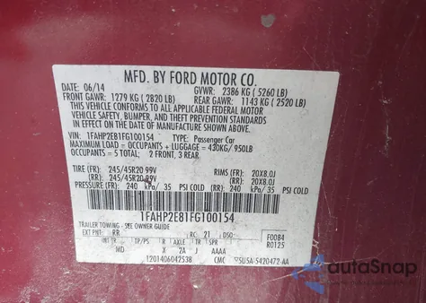 2015 Ford Taurus Sel из США, поврежденный, VIN 1FAHP2E81FG100154